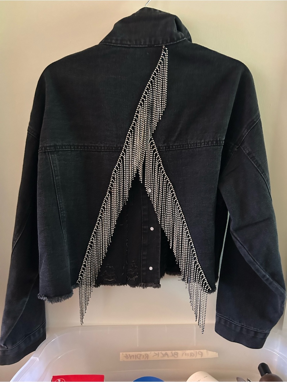 Black Denim Jacket with Rhinestone Fringe Accent
